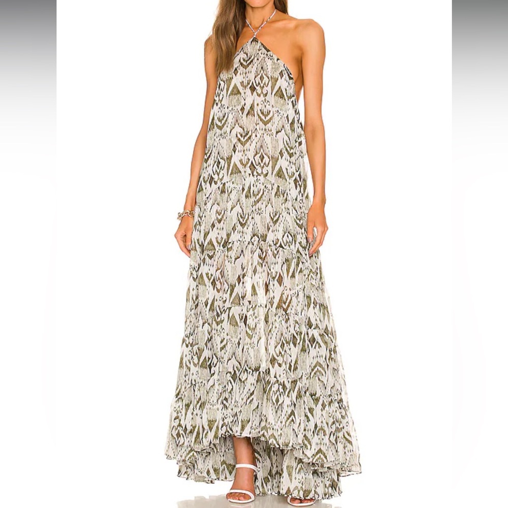 Misa Los Angeles Green and Cream Maxi Dress
